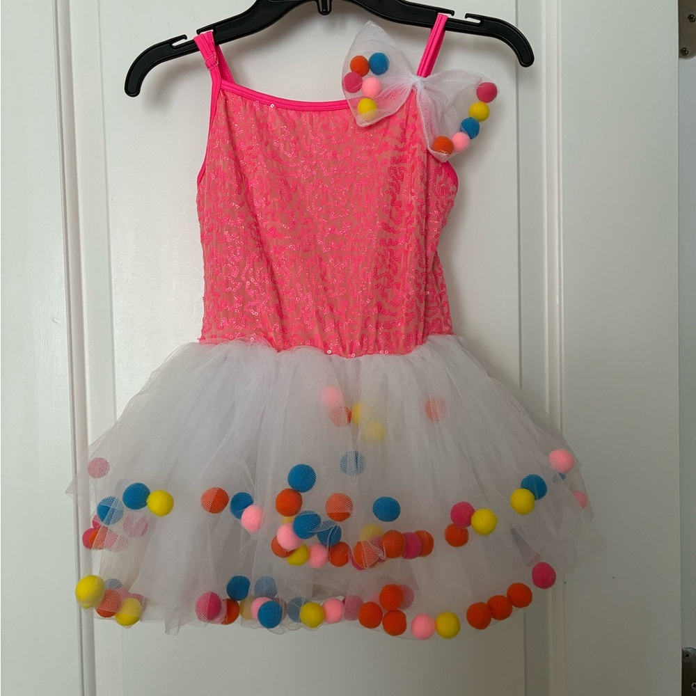 Vibrant Pink and White Kids Bubblegum Dance Costume with Pom Poms